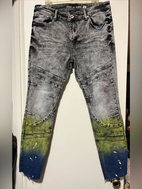 CREATE 2MRW Men’s Slim-Straight Washed Gray Jeans with Dip-Dye Paint